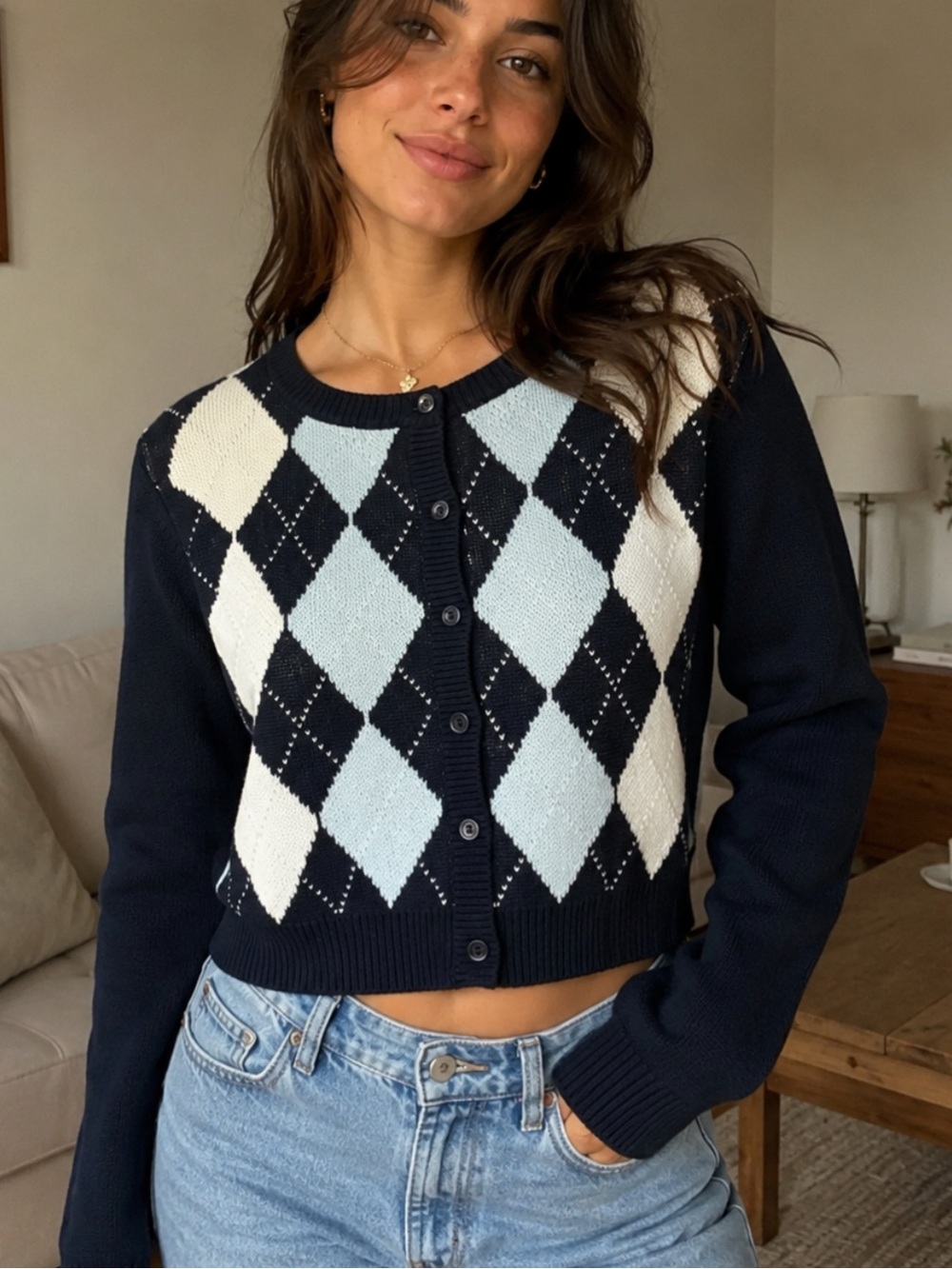 Navy Argyle Cardigan with Cream and Light Blue Diamonds